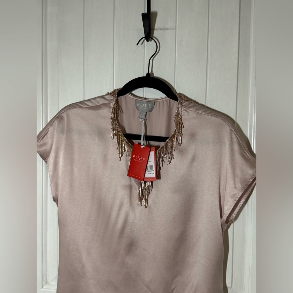Pure Collection 100% Silk Top with Beaded Fringe in Light Pink - Picture 10 of 12